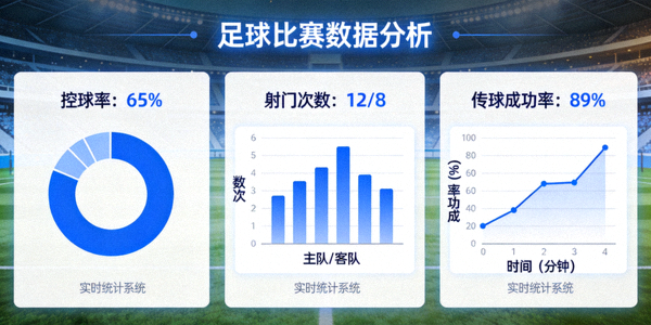 足球比赛数据分析面板展示：控球率、射门次数、传球成功率等统计图表